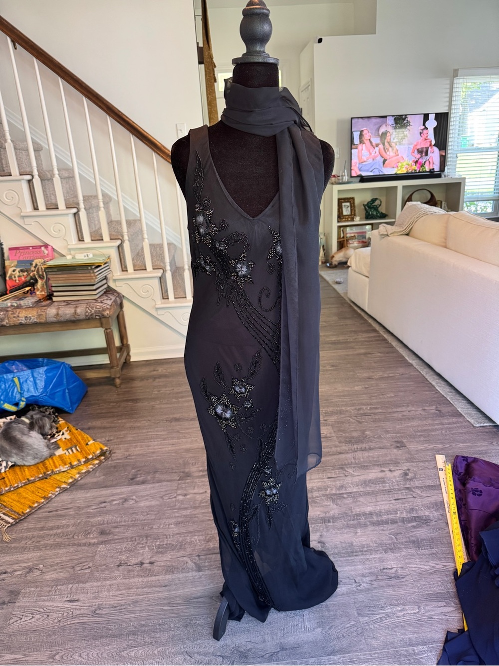 Black Beaded Maxi Evening Dress with Matching Scarf